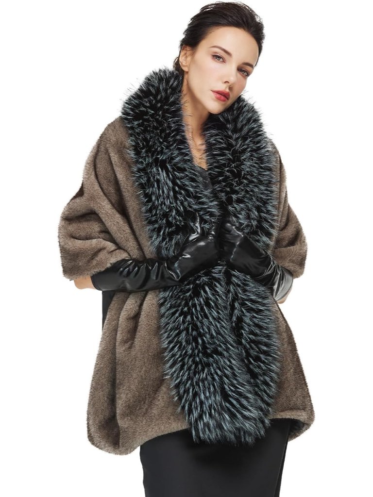 Women Faux Fur Shawl Wrap With Faux Fox Fur Trim Collar For Evening Dresses Wedd